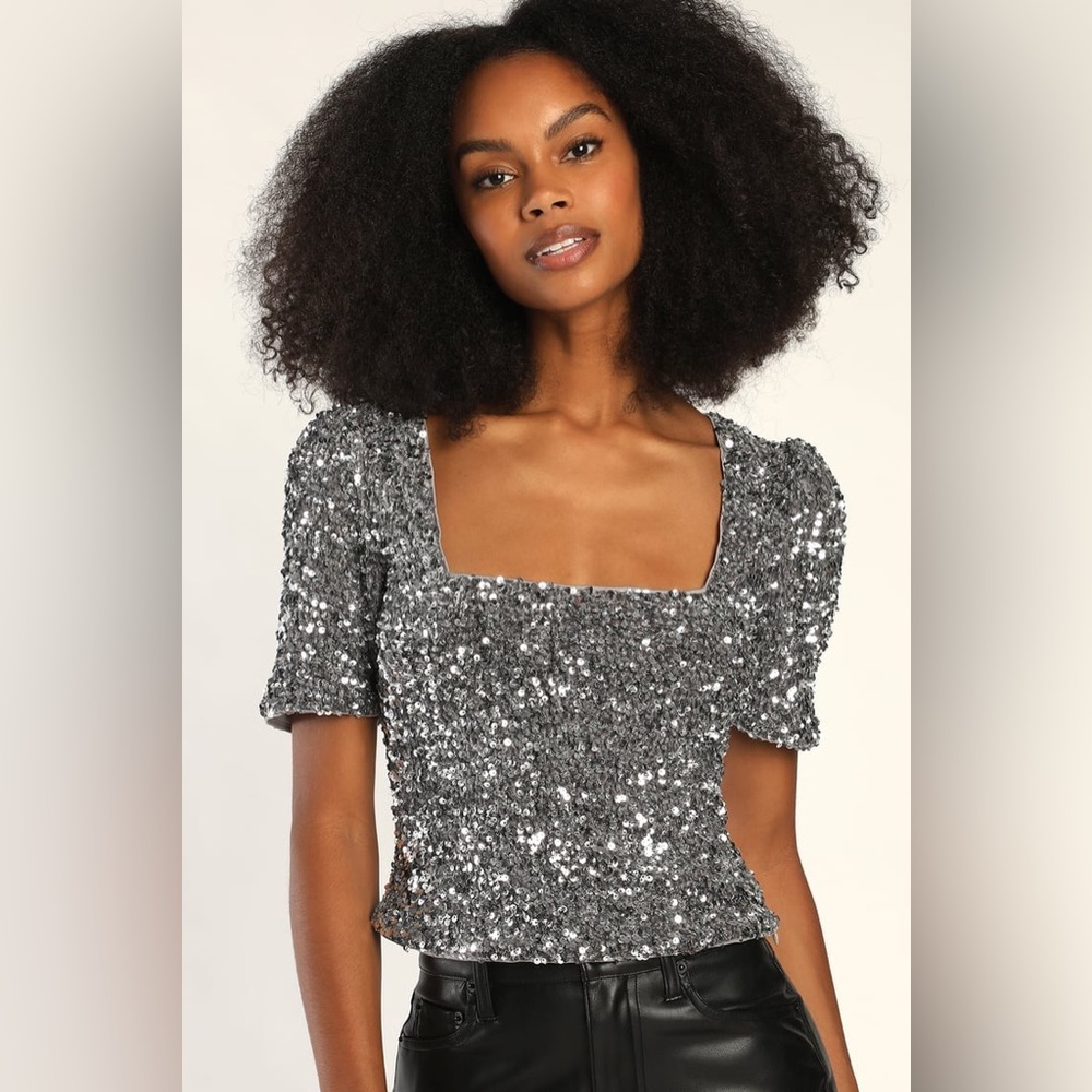Silver sequin square neck top